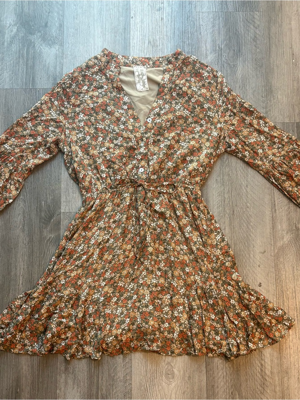 Sadie & Sage Brown Floral Boho Mini Dress Long Sleeve S
